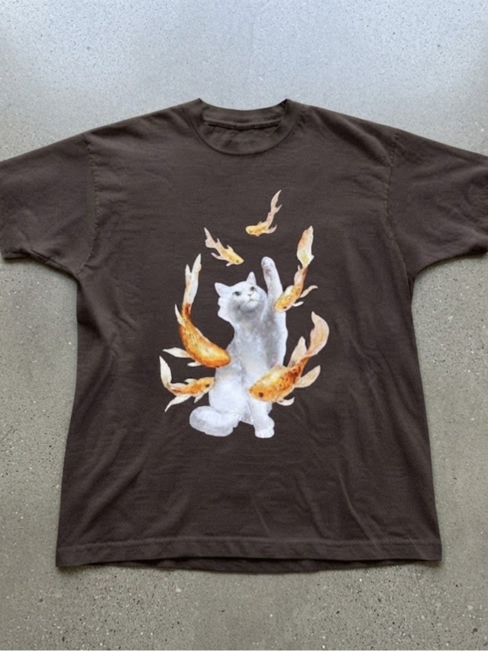 White Cat And Gold Koi Fish Watercolor Graphic Brown T-Shirt